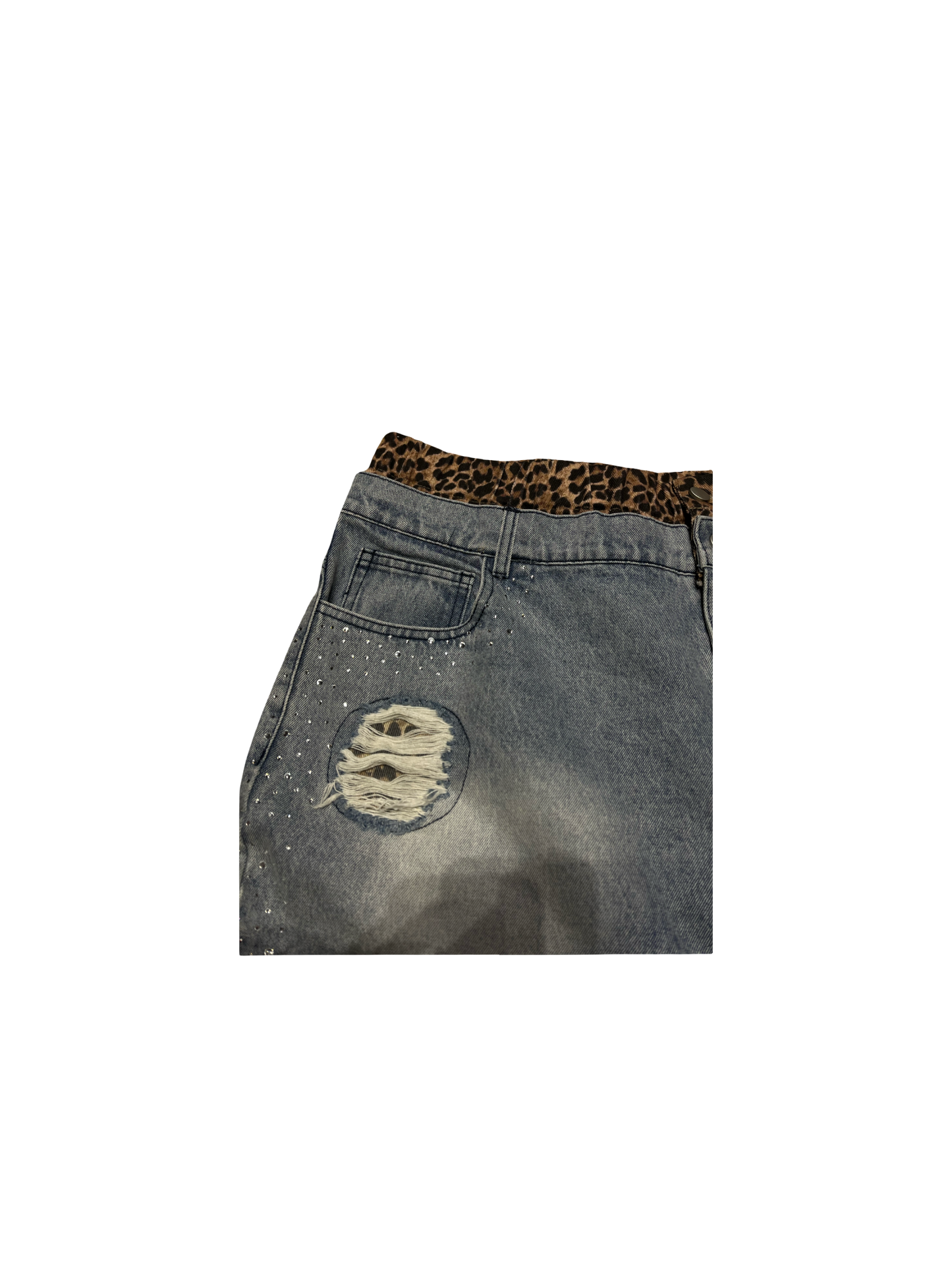 Double Waisted Cheetah Print Rhinestone Denim