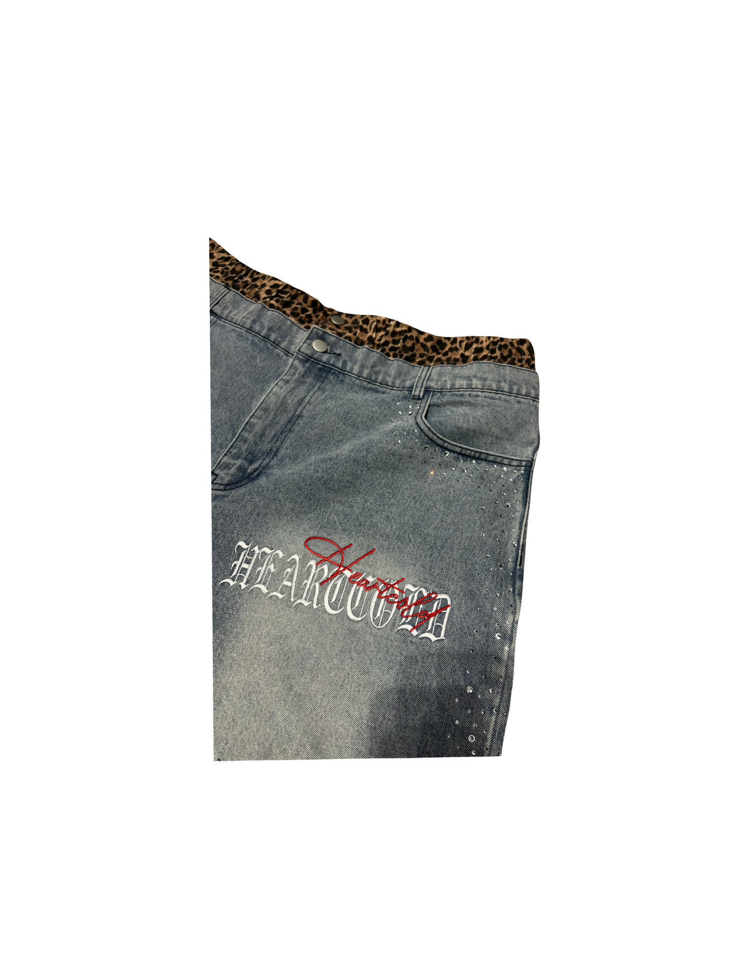Double Waisted Cheetah Print Rhinestone Denim